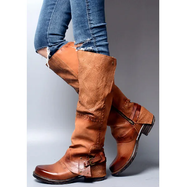

Mikishyda Low Heels Women Winter Boots Cowboy Spring Fall Knee High Boots Chunky Heels Genuine Leather Casual Riding Booties
