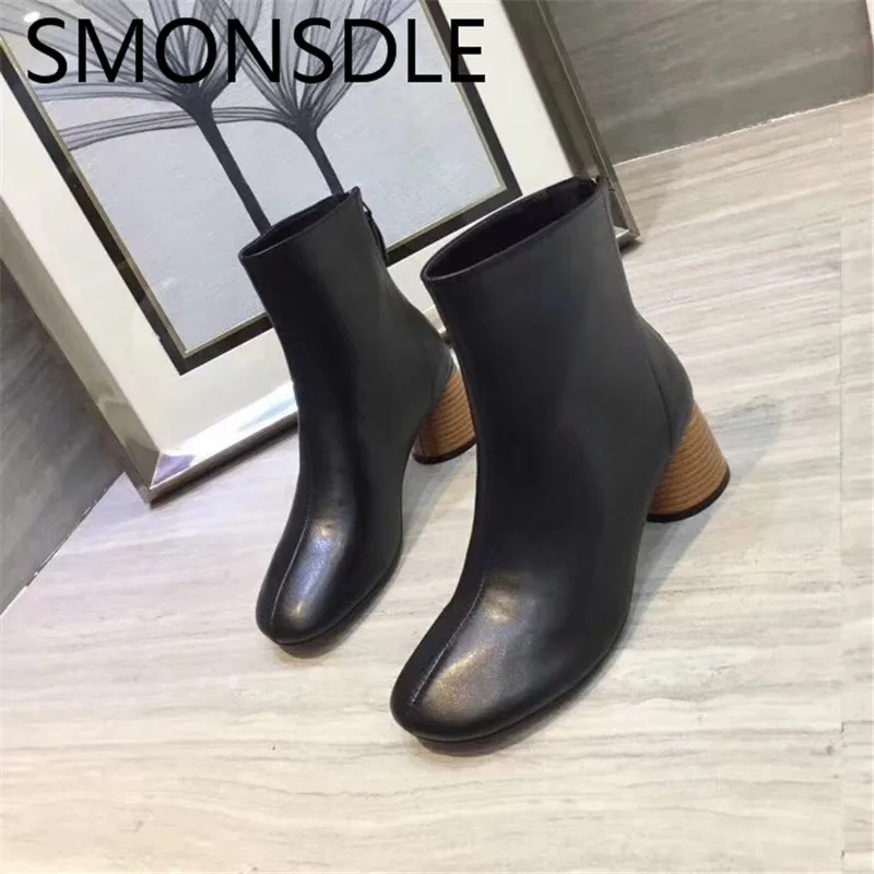 

SMONSDLE New Genuine Leather Black Brown Women Ankle Boots Round Toe Back Zip Chunky Heel Women Spring Autumn Boots Shoes Woman