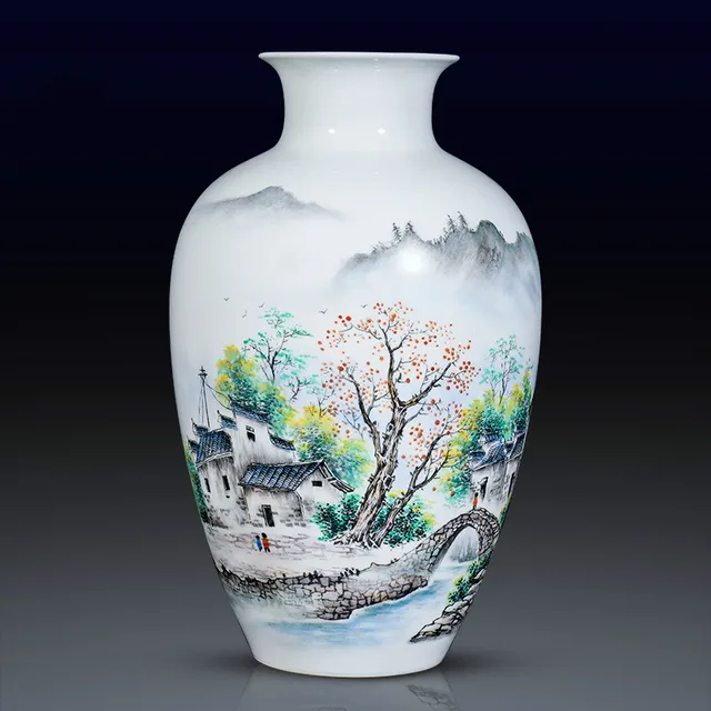 Chinese Style Hand Painted countryside landscape Porcelain Flower Vase For Home Office Decor 1