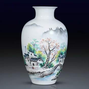 

Chinese Style Hand Painted countryside landscape Porcelain Flower Vase For Home Office Decor