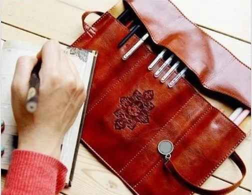 Portable Makeup Bags Makeup Brushes Bag Pencil Case Pouch Holder Wrap Roll Stationery Brown Leather For Beauty Women Girls