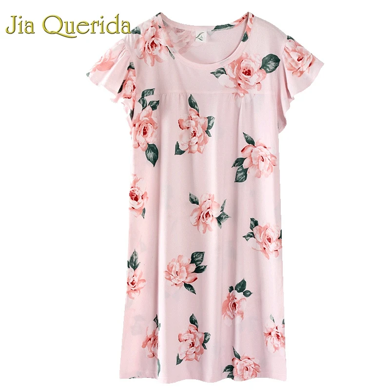 J& Q Pj платье для сна для женщин Лето розовый хлопок ночная рубашка для дам пеньюар с цветочным принтом размера плюс ночная рубашка - Цвет: 88074