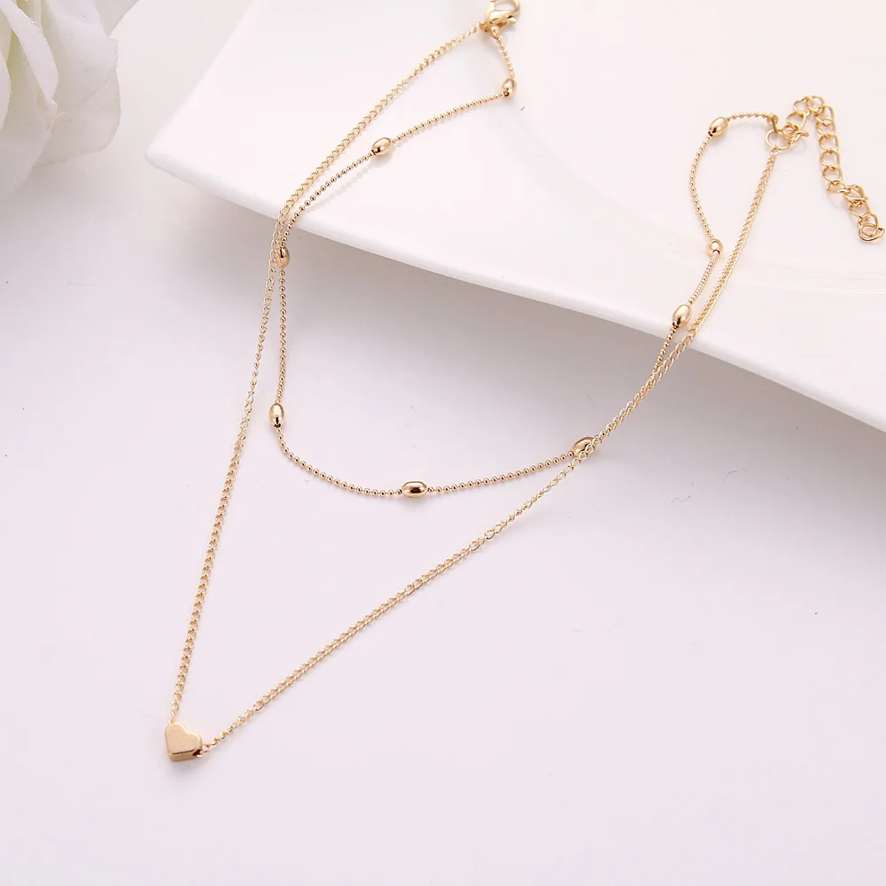 

Women Fashion Choker Love Pendant Necklace Jewelry Copper Heart-shaped Pendant Double Layers Clavicle Necklace M16