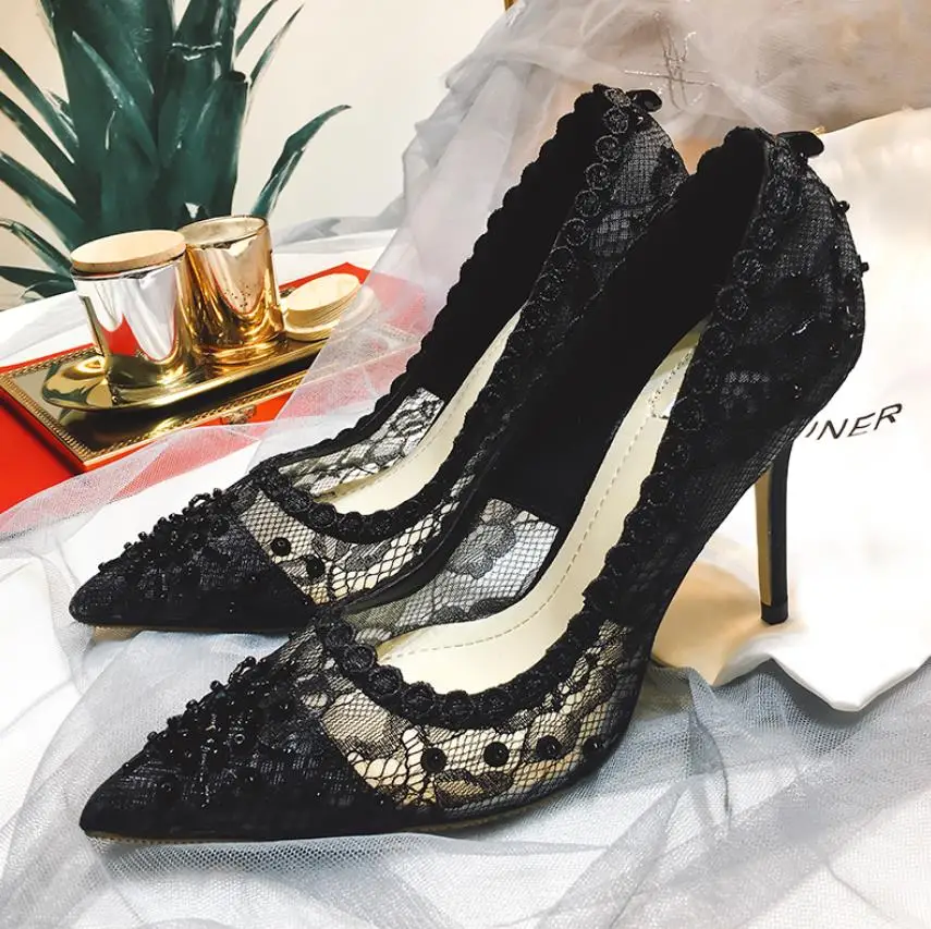 

Spring and summer fashion lace water drill fine and shallow tip sexy high heels