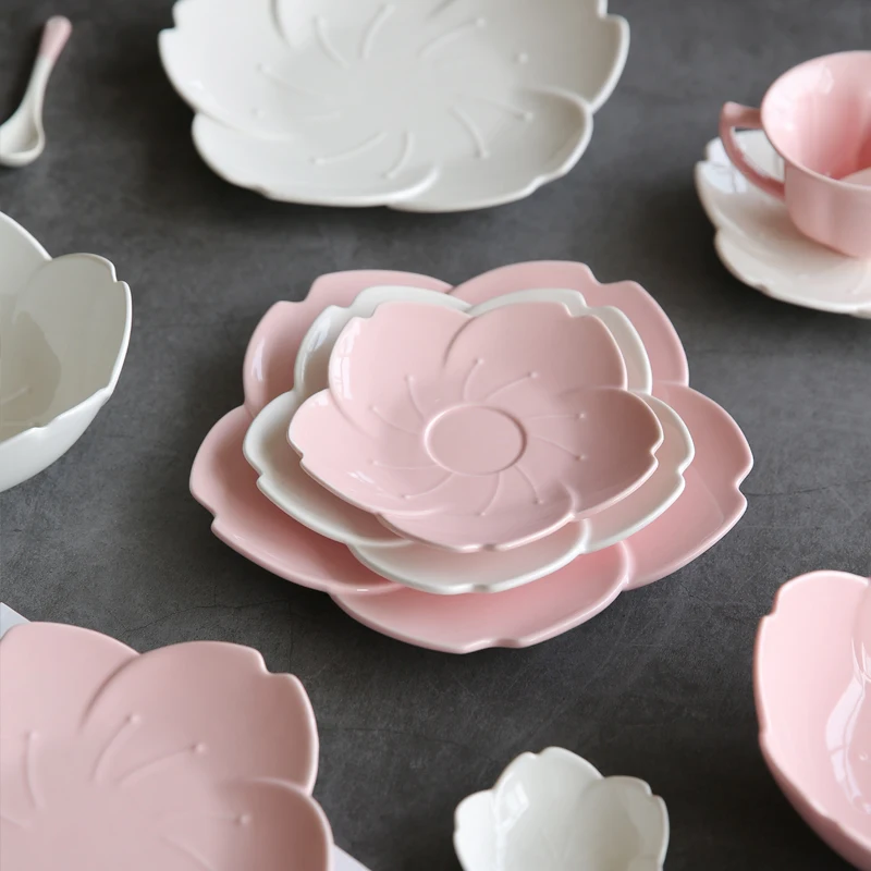 

1 PC KINGLANG Ceramic Dinner Set Pink Kitchen Tableware Plates Flower Shape Chili Sauce Dish