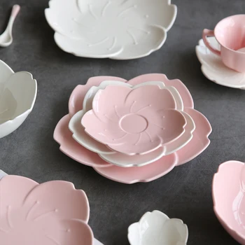 

1 PC KINGLANG Ceramic Dinner Set Pink Kitchen Tableware Plates Flower Shape Chili Sauce Dish