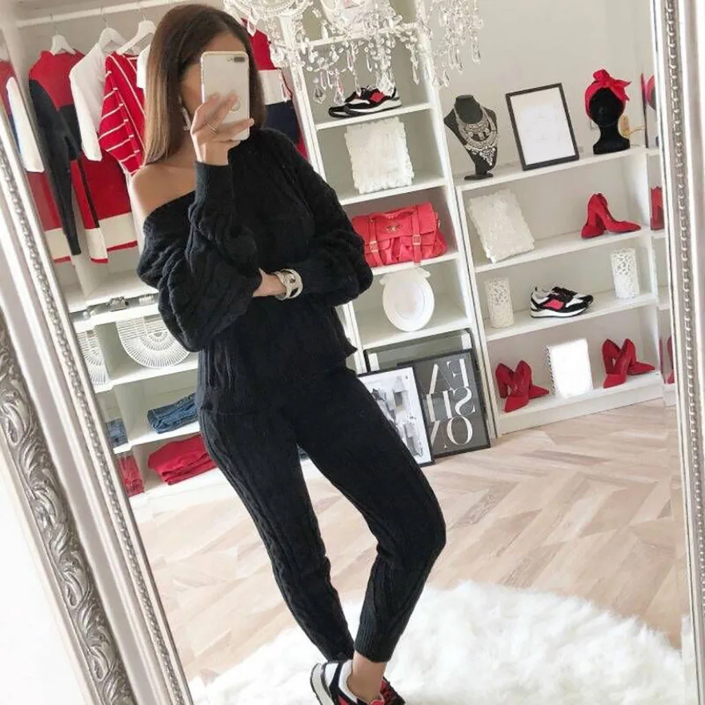 S-3XL Two piece set women's off-the-shoulder solid color suit sweater 2PC cable knit warm casual wear suit