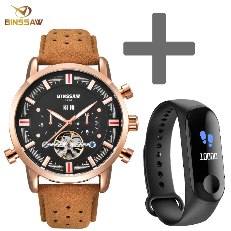 BINSSAW Tourbillon Мужские автоматические механические часы новые кожаные