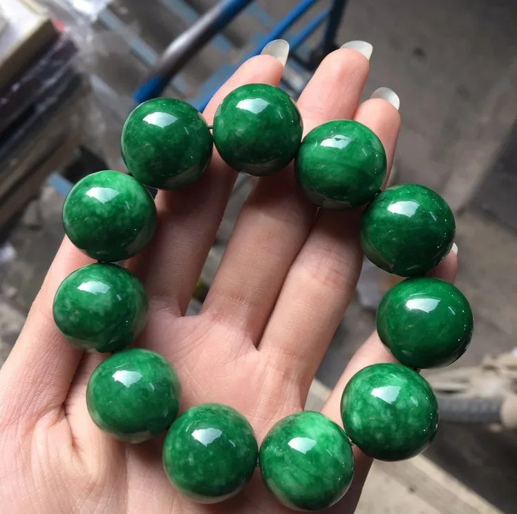 Natural Burmese Jadeite A Dry Green Tielongsheng Diameter Ball Bracelet Jadeite Man Green Men's and Women's Handstrings