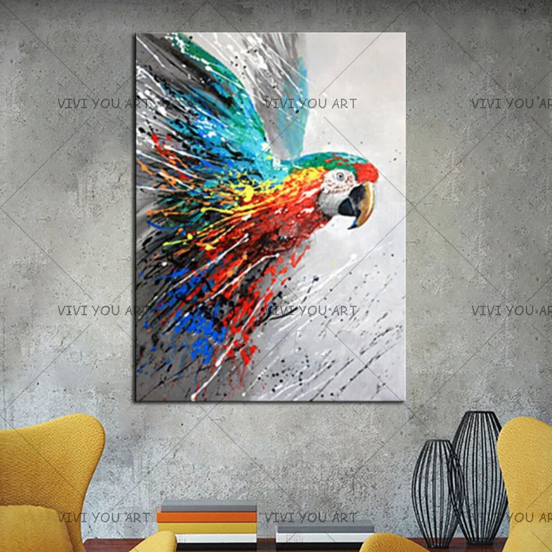 

100% Hand Painted Large Abstract Cartoon Animal Oil Painting Modern Home Decor Wall Art Handmade Funny Colorful Parrot Pictures