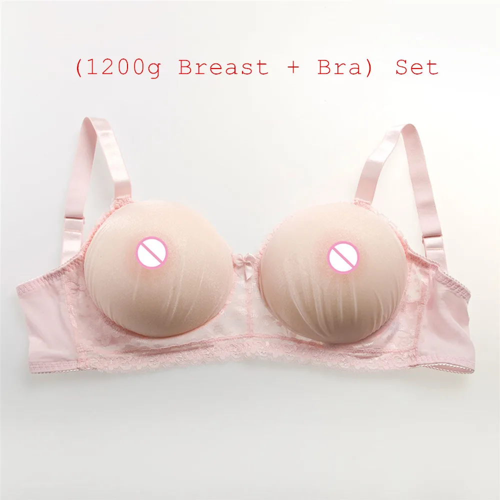 

(1200g/pair Round Beige Silicone Boobs Form+Sexy Pink Transparent Lace Pocket Bra ) CD Cosplay Artificial Boobs With Bra Set