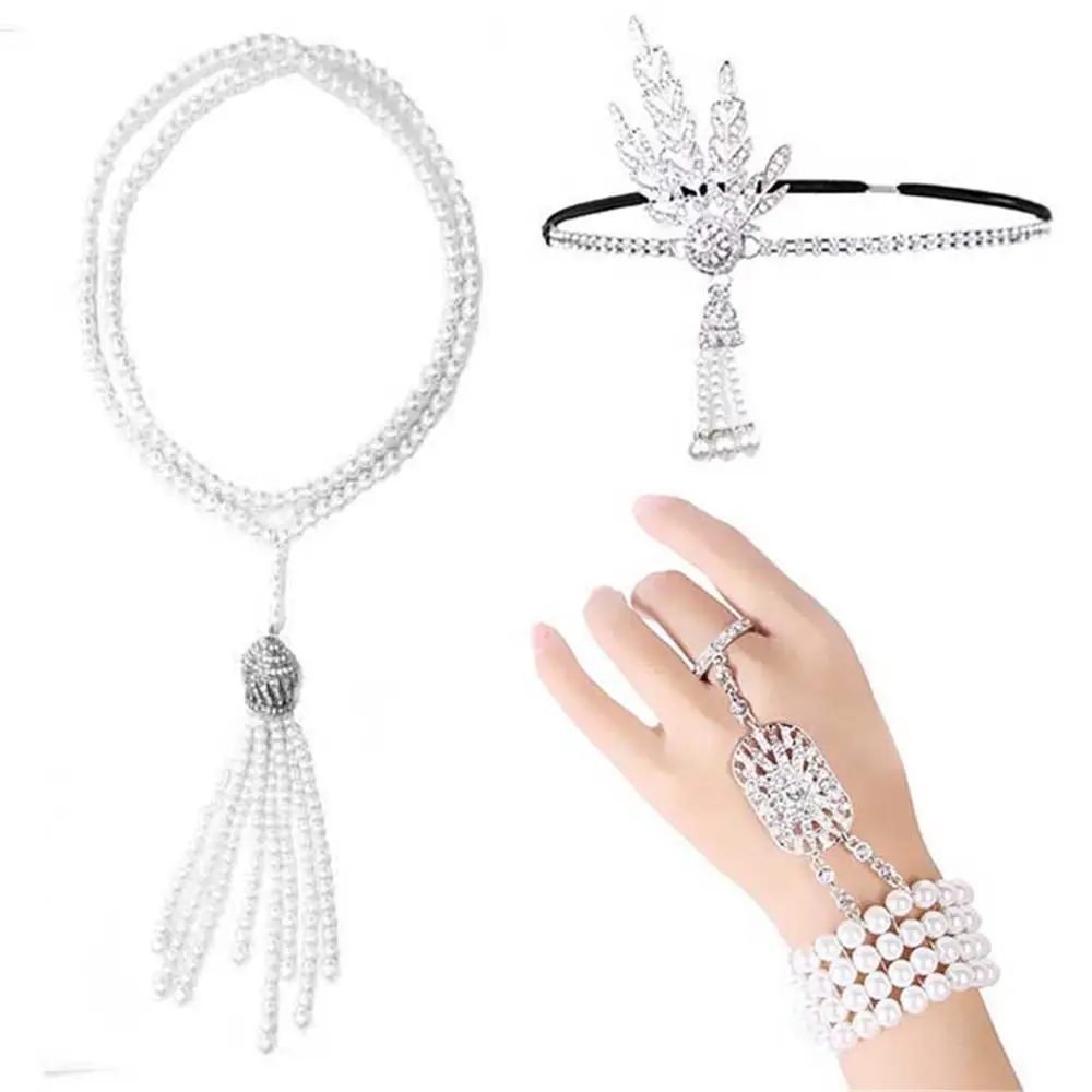 1920s Accessories Flapper Costume Dress Up 3 in 1 Great Gatsby Headband Flapper Necklace Bracelet Ring Set Roaring Accessories - Цвет: A set