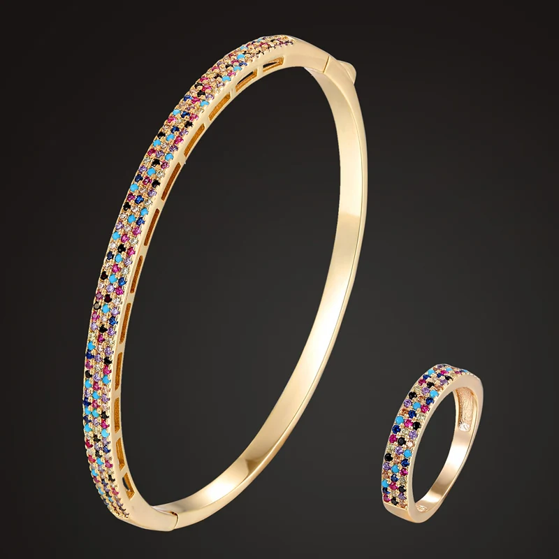 

Zlxgirl Three line colorful Cubic Zirconia copper Bangle Ring jewelry Set fashion women's new year party bangle couple gifts