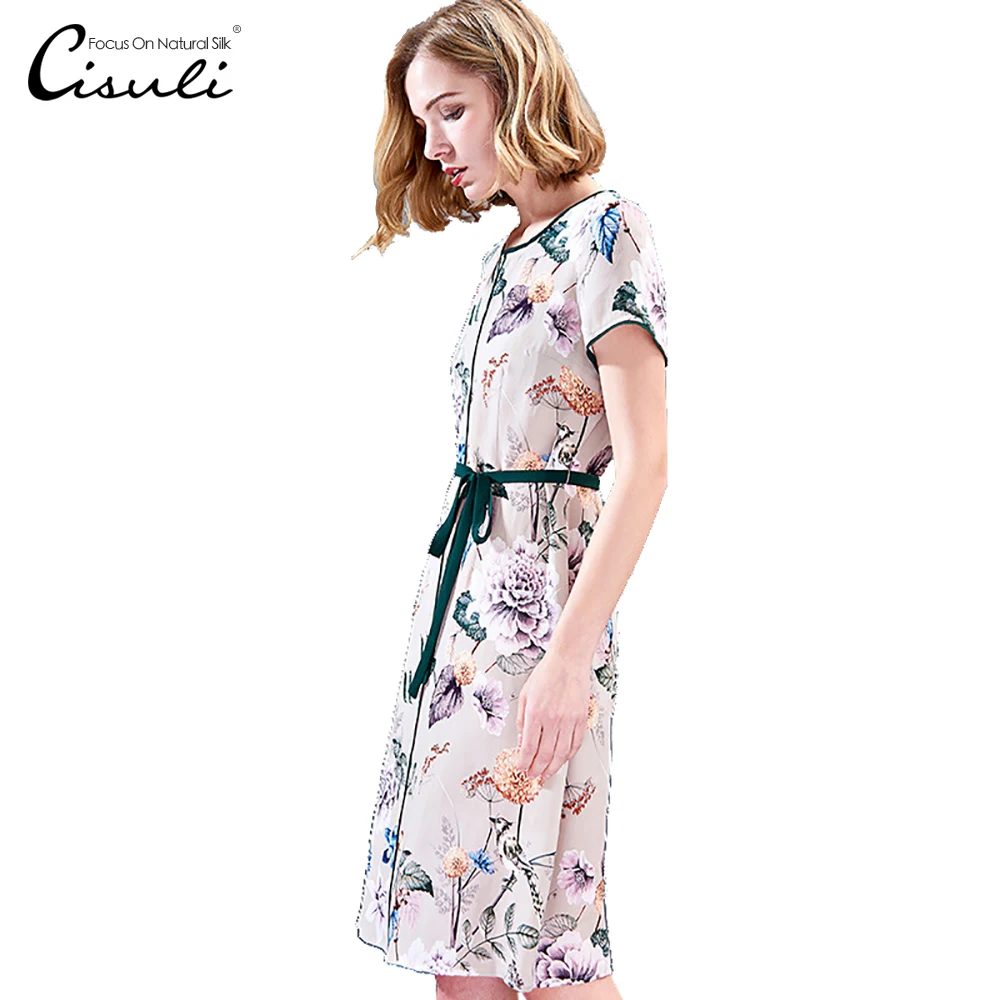 

CISULI Silk Dress Women Summer Dress Floural Printed 100% Natural Silk Vintage Dress