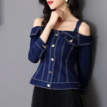 Высококачественные джинсовые куртки, Весенняя мода, джинсовое пальто для женщин на тонких бретелях, сексуальные топы с открытыми плечами, пальто, женские повседневные пальто