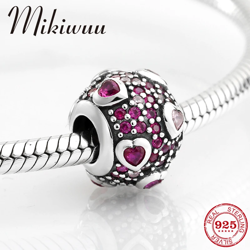 

Valentine's Day 925 Sterling Silver pink heart CZ Round shape fine DIY beads Fit Original Pandora Charms Bracelet Jewelry Making