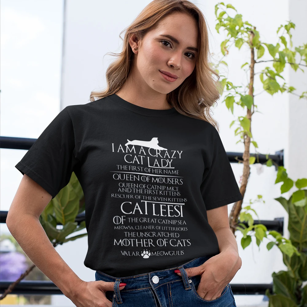 

Game Of Thrones T-Shirt Catleesi Mother Of Cats White On Black Version T Shirt Navy O Neck Women tshirt Casual Ladies Tee Shirt