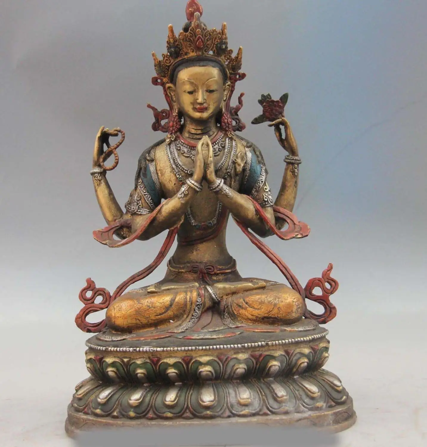 

13 Tibet Copper Color Painted Four-armed Avalokitesvara Kwan-Yin Guan Yin Statue