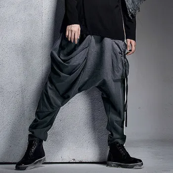 

Original design day wrinkles lace pockets personality crotch trousers tide men low crotch big crotch little legs Haren pants