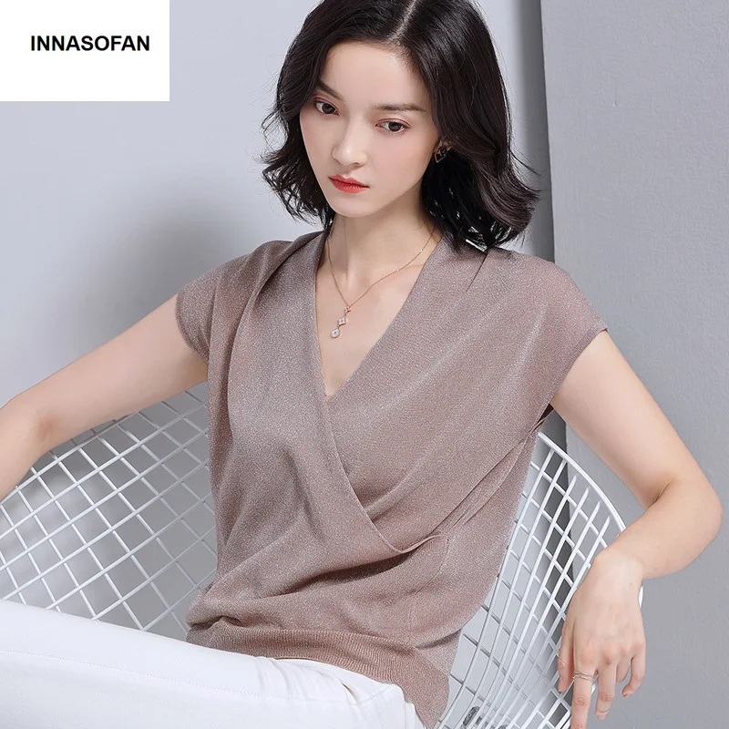 

INNASOFAN Slim Shiny Sweater Female Spring-Summer Knitted Sweater Eurasian Fashion Chic Sweater with V-collar and Short Sleeves