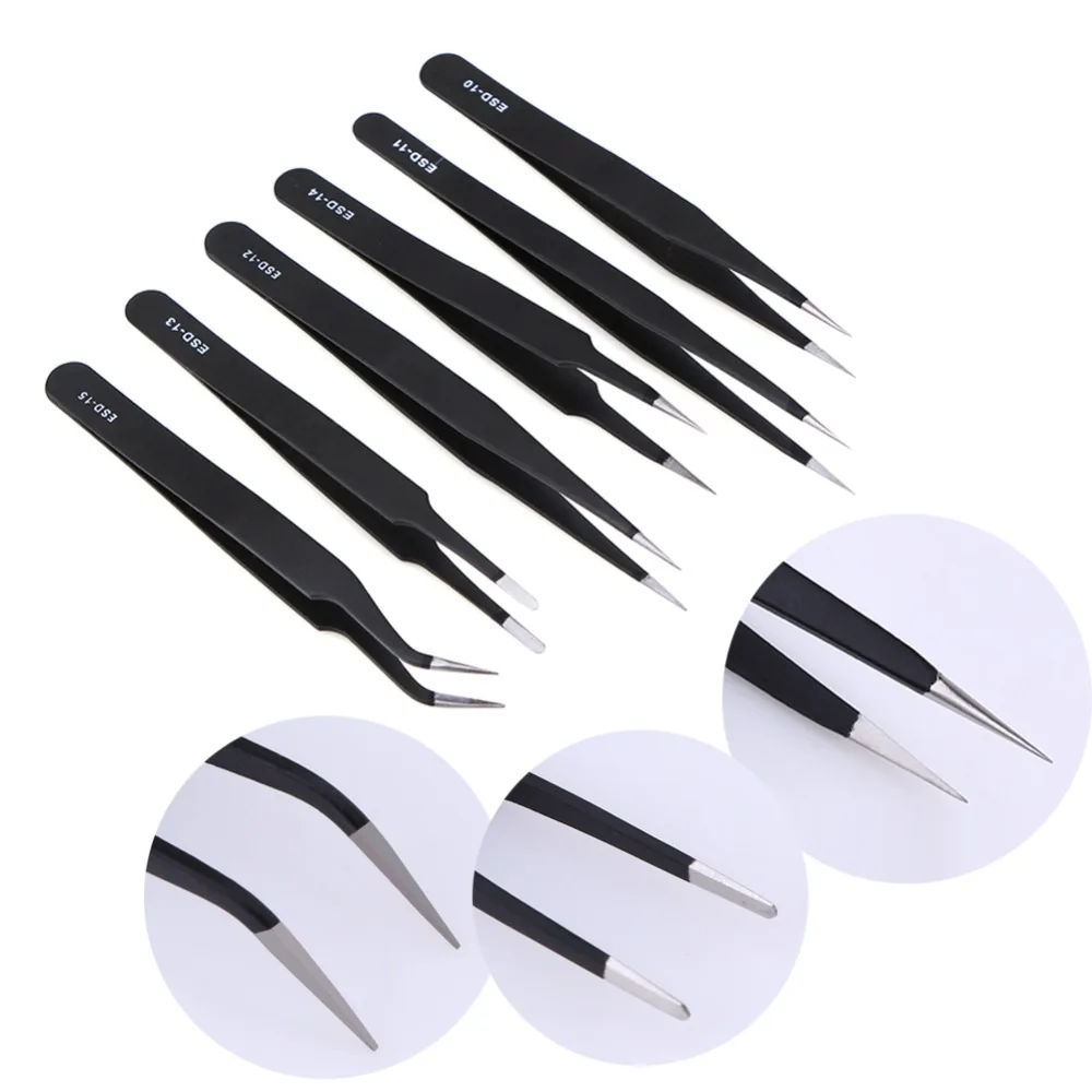6pcs/Lot Flat Head Precision Electronic Components Stainless Steel Anti static Tweezers