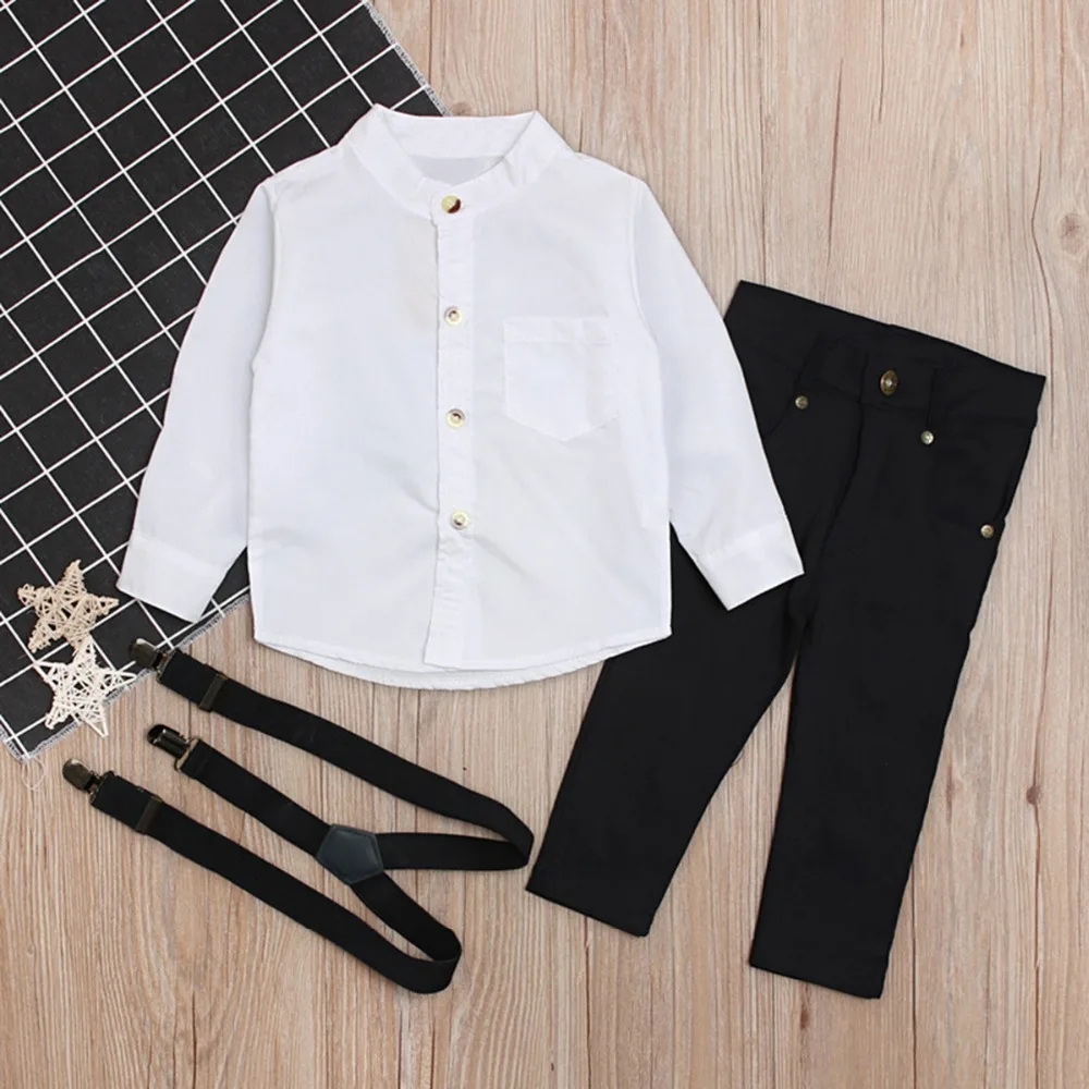Белая футболка с длинными рукавами и отворотами для маленьких мальчиков; топы на подтяжках; комбинезоны; брюки; одежда для маленьких мальчиков; костюм; комплект