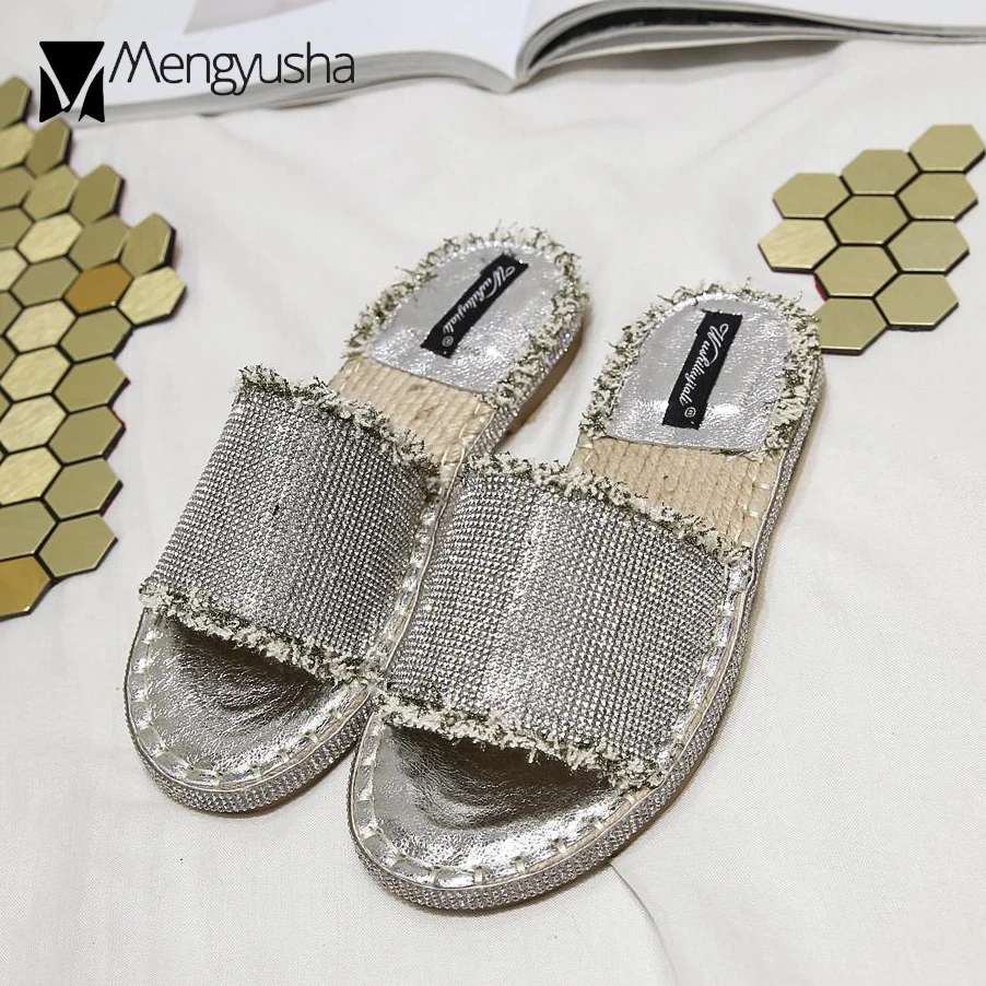 Блеск деним Дамские тапочки Кристалл Бисероплетение Гладиатор sandalias mujer