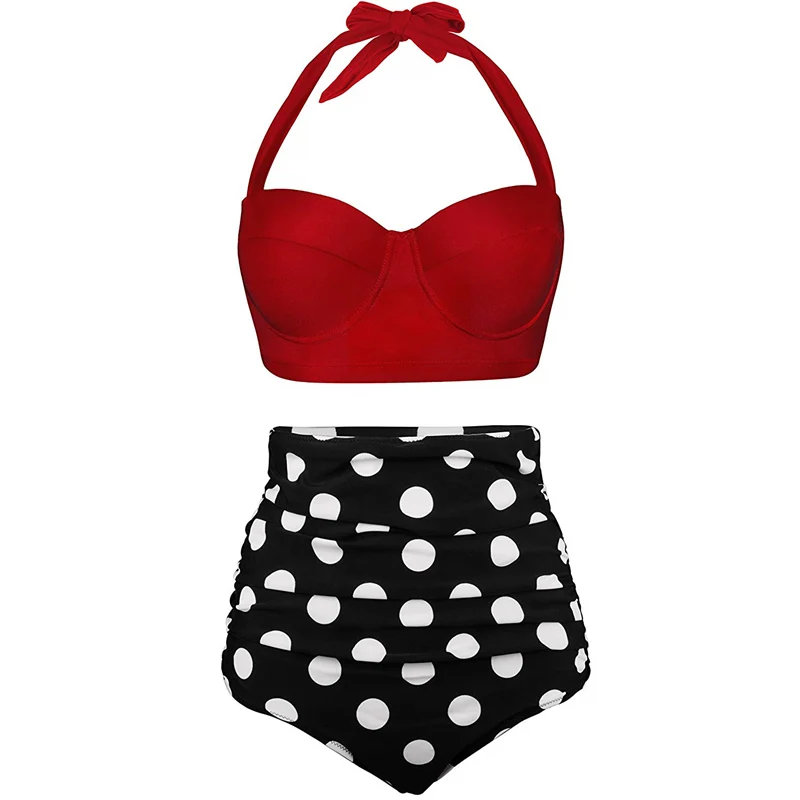 Billig Frauen Badeanzüge Vintage Bandeau Push Up Polka Dot Plus Größe Badeanzüge Hohe Taille Bikini