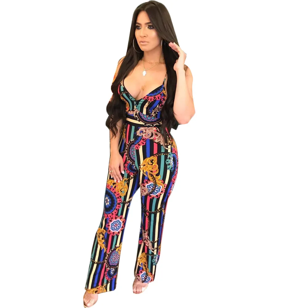 New Sexy Summer Women Strap Print Jumpsuit Elastic Waist