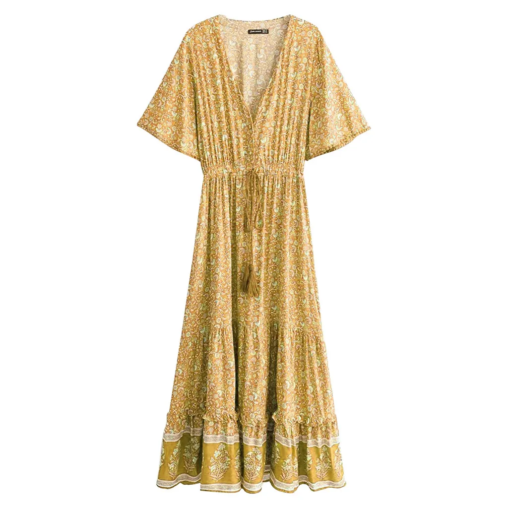 Модное женское летнее платье с глубоким v-образным вырезом, с коротким рукавом, с принтом, с кисточками, на пуговицах, винтажные макси платья для женщин, вечерние платья
