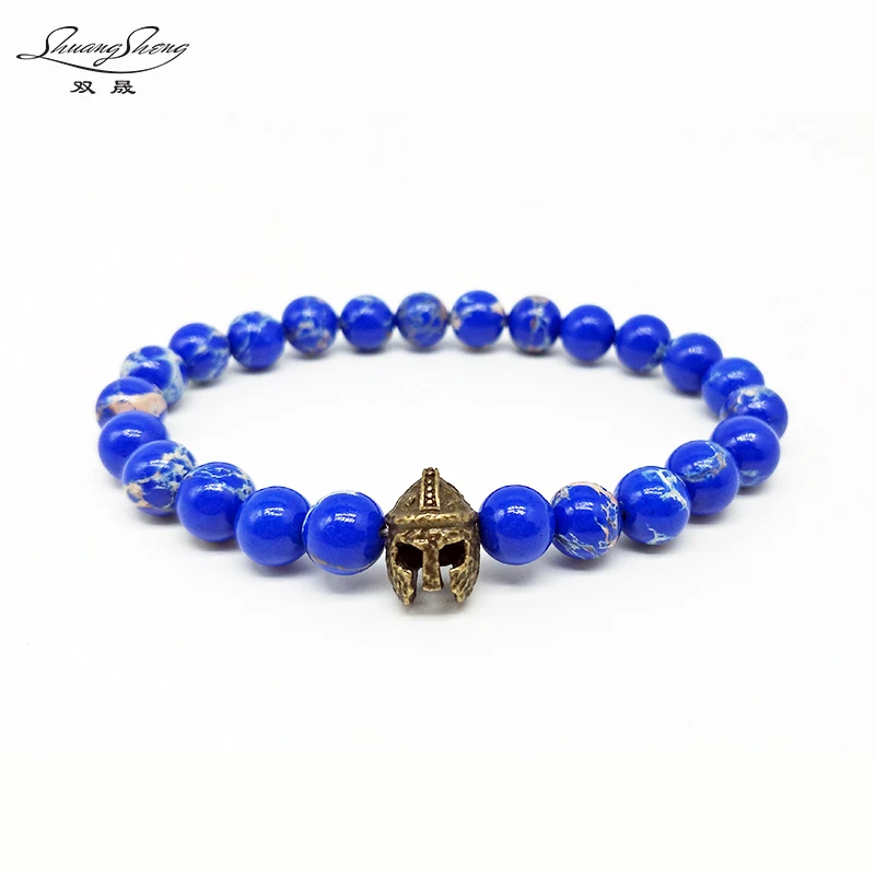 2017 restoring ancient ways Gold-color Roman Warrior Gladiator Helmet Bracelet Beaded Blue Sea Sediment Stone Bracelets For Men | Украшения