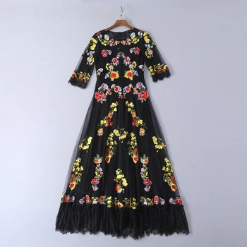 

High quality designer summer runway Maxi dress O-Neck short-sleeved vintage mesh embroidered lace woman party night long dress