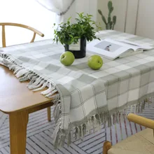 Simple Gray Plaid Print Cotton Linen Table Cloth With Tassels Home Decor Soft Table Cover Tea End Dinner Dustproof Tablecloth