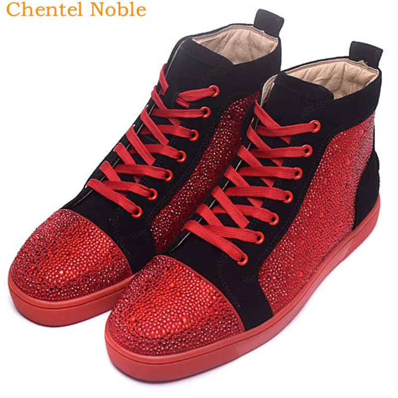 Brand resigner Chentel Noble Crystal Men Casual Shoes Party Dress Shoes Men Flats High Quality Lace-Up Sneakers Red Color