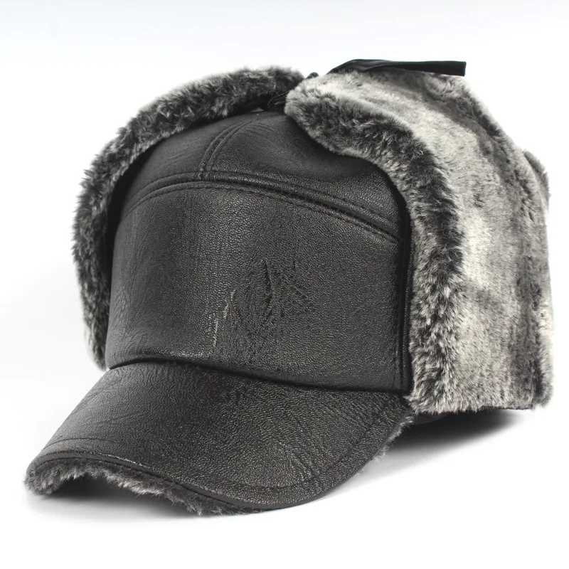 PU Leather Dad Hat for Men Lei Feng Cap with Ears Flaps Ear Protection Winter Warm Bomber Hat