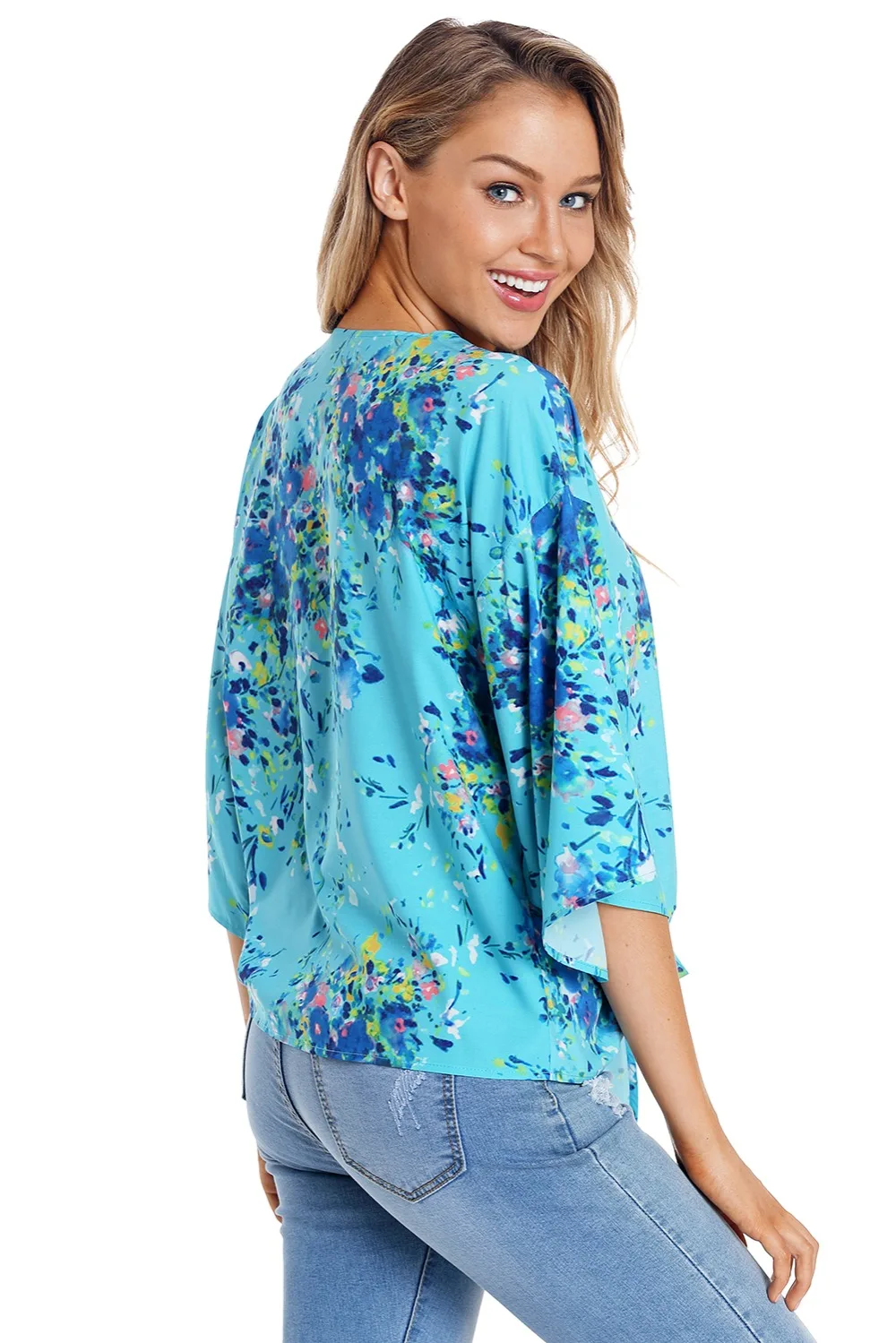 Turquoise-Flowerlet-Print-Tie-Front-Kimono-Sleeve-Blouse-LC251052-4-5
