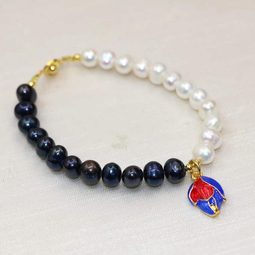 

8-9mm natural white black pearl beads flower cloisonne elegant bracelets bangles for women party gift diy jewelry 7.5inch B2983