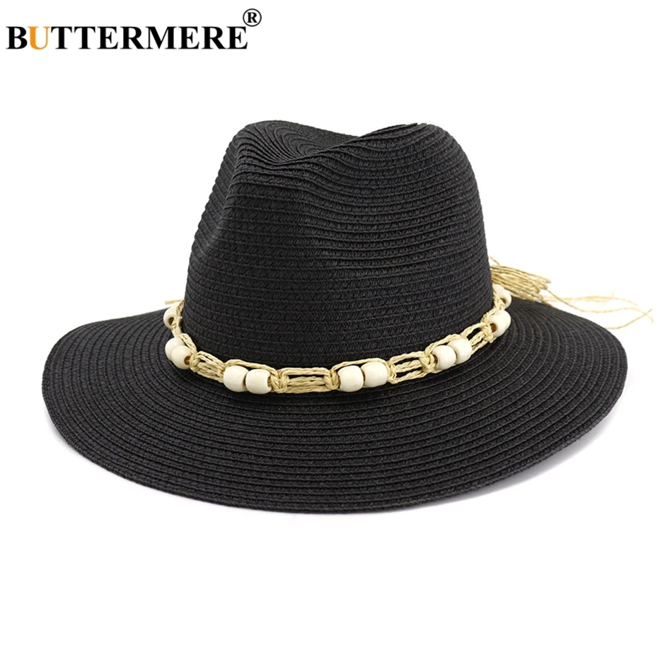 BUTERMERE, женские шляпы от солнца, для женщин, летние, Панама, соломенные шляпы, для женщин, кофейная струна, с бантом, 7 см, с полями, плетеная шляпа, богемный пляж