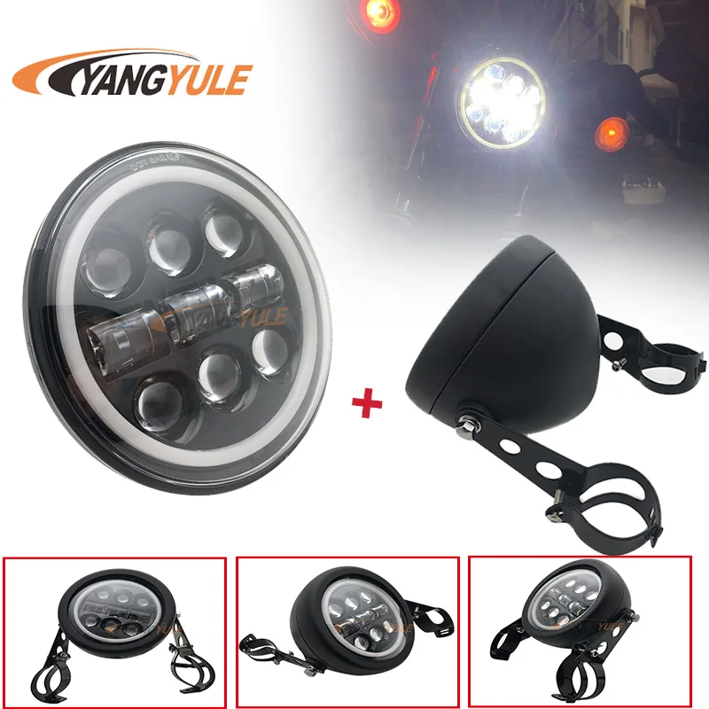 5-3/4" 5.75 inch Motorcycle Moto LED Projector Halo Headlight 5.75inch Lamp Housing Bucket For Sportster 883 XL1200 Iron