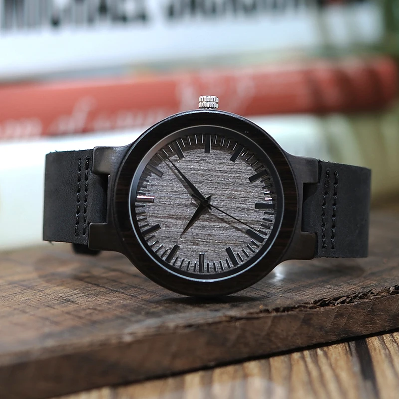 BOBO BIRD Men Wood Watches Quartz Watch Black Real Leather Band Wooden Special WristWatch Relogio Masculino C-C26 DROP SHIPPING