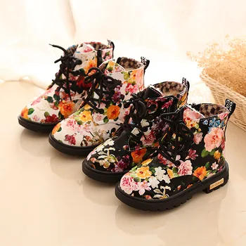 

Winter Children Martin Boots Plush PU Leather Print Flowers Non-slip Kids shoes Girls Snow Boots
