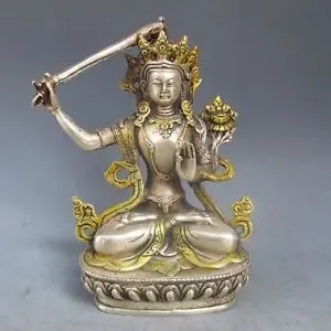 

Vintage Asia Chinese Silver white Copper Crafts Gilt Tibetan Buddhism Statue --- Manjushri Buddha wholesale factory Arts outlets