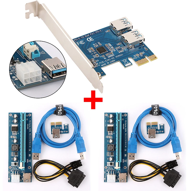 Плата адаптера переходника Ubit 2 в 1 PCI E USB3.0 Rabbet Ethereum Mining с кабелем передачи данных