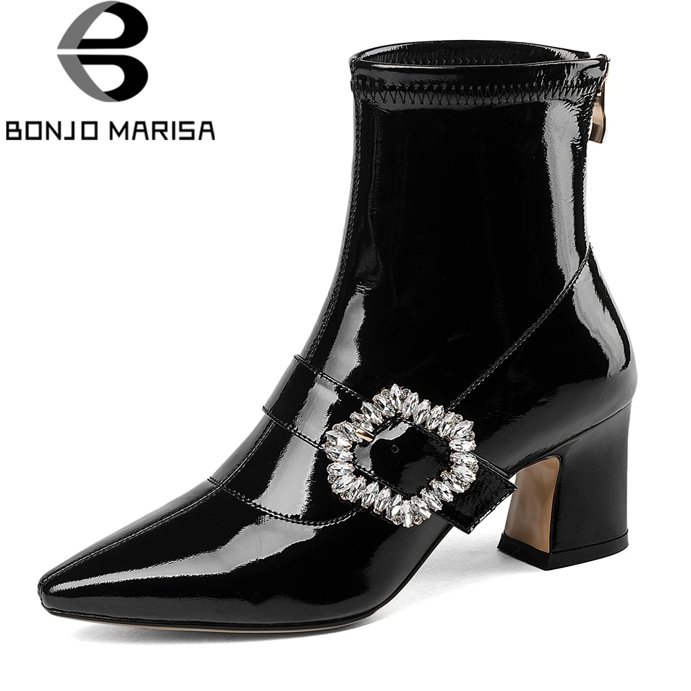 

BONJOMARISA Brand Patent Genuine Leather Crystal Ankle Booties Women Autumn Winter Black High Heels Shoes Woman 6 Cm Size 33-43