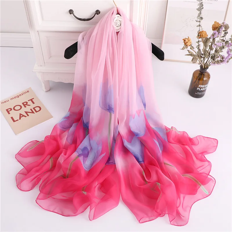 

Floral Print Scarves women Two-color Gradient Silk Scarf 2019 New Fabric Thin Shawls and Wraps Large Travel Pashmina for Lady