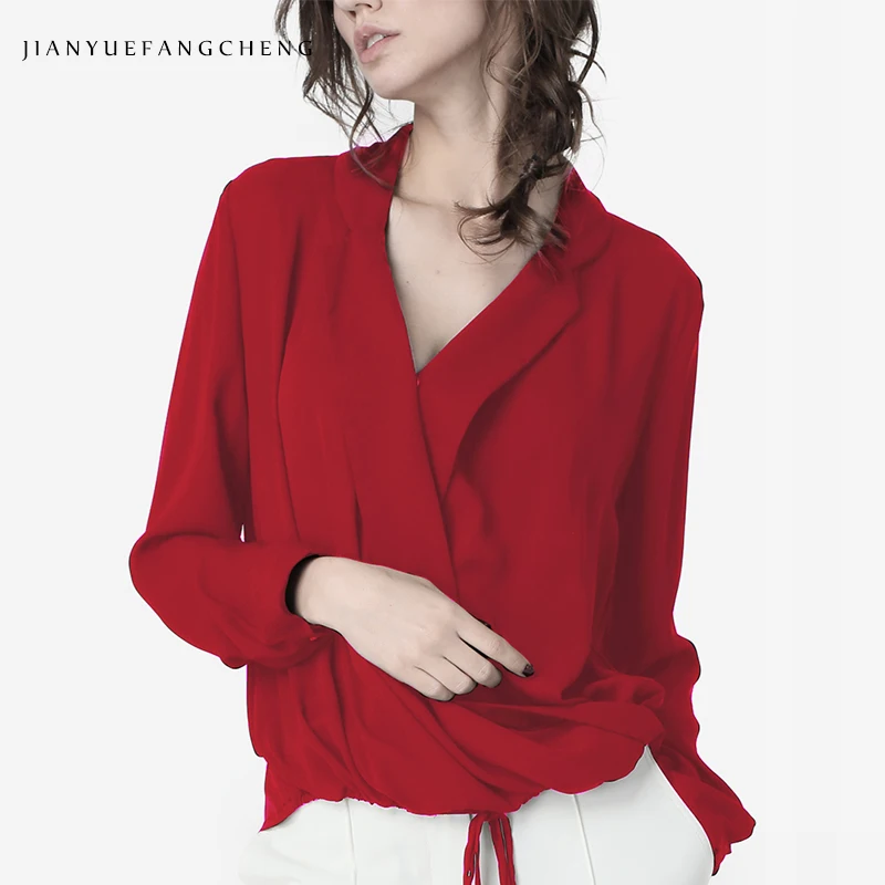 

Casual Solid Sexy Deep V-Neck Chiffon Blouse Women Shirt And Tops 2019 Spring Full Sleeve Plus Size Lace-Up Office Ladies' Top
