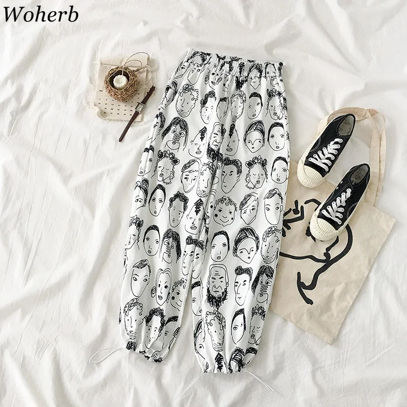 

Woherb 2019 Fashion Cartoon Print Harem Pants Women Elastic High Waist Harajuku White Pant Fashion Streetwear Pantalon Femme