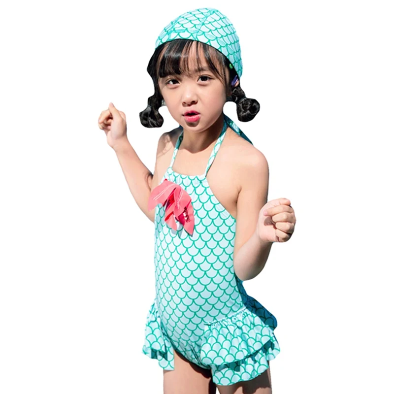 

Summer Mermaid Girls One Piece Swimsuits Ruffle Swimwear Suits Bow-knot Kids Swimsuit With Swimming Cap