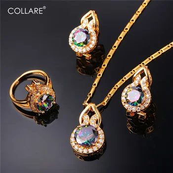 

Collare Big Austrian Stone Jewelry Sets For Women Gold Color Bridal Wedding Bands Crystal Ring Earrings Necklace Set S244
