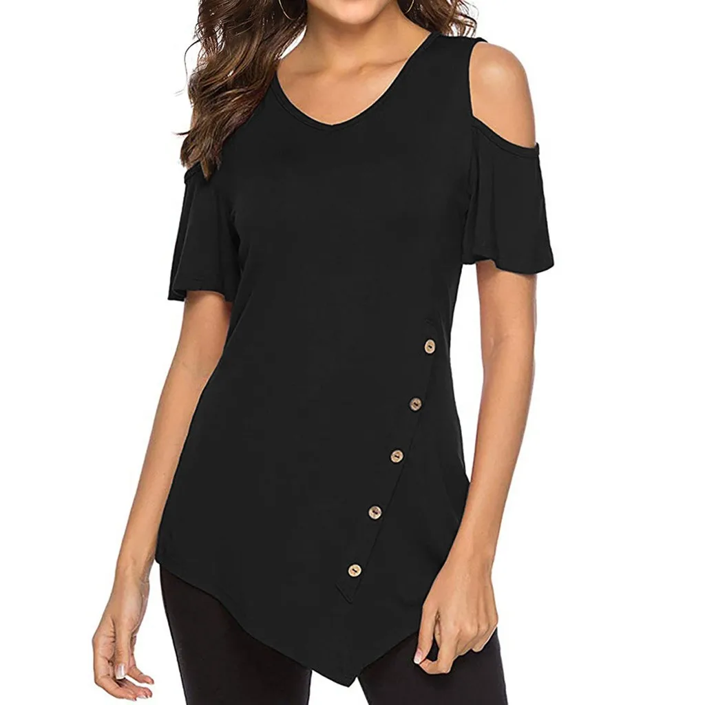 Women's Casual Round Collar Off Shoulder Button Irregular Top Summer Women Short Sleeve Solid Color Shirt G0326#20 |